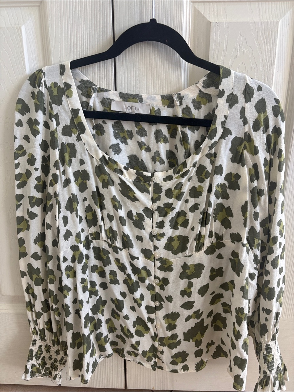 LOFT Olive & Ivory Leopard-Style Button Front Top